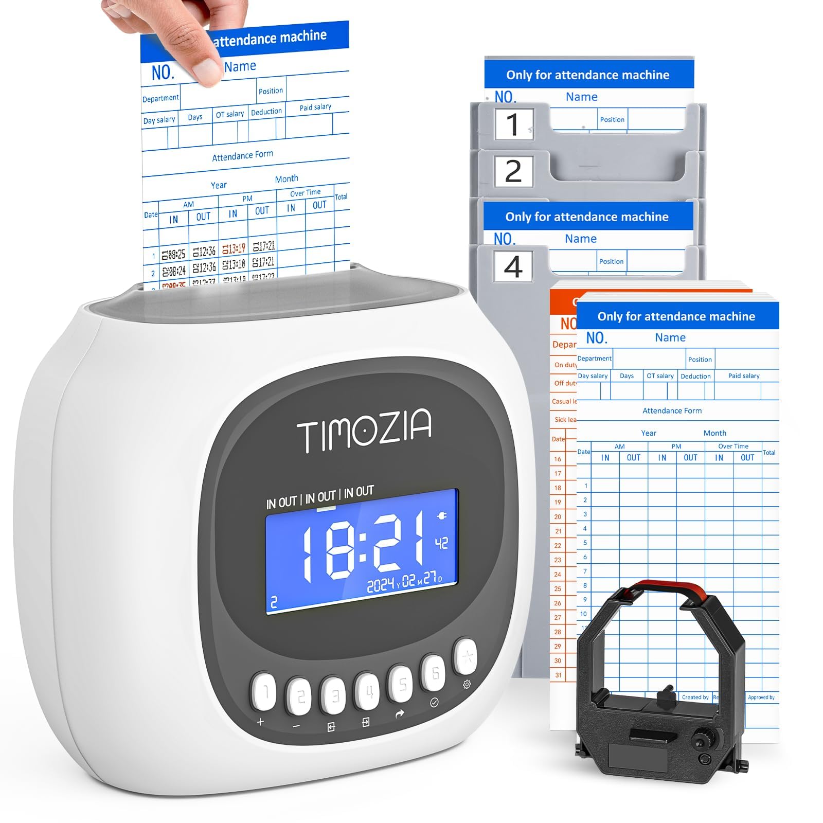 TIMOZIA Time Clock with Passcode, Auto-Align Time Card Machine, 6 Punches per Day Time Clock Punch Machine with 100 Time Cards, 2 Ink Ribbons and 4 Racks(White, Military Time)