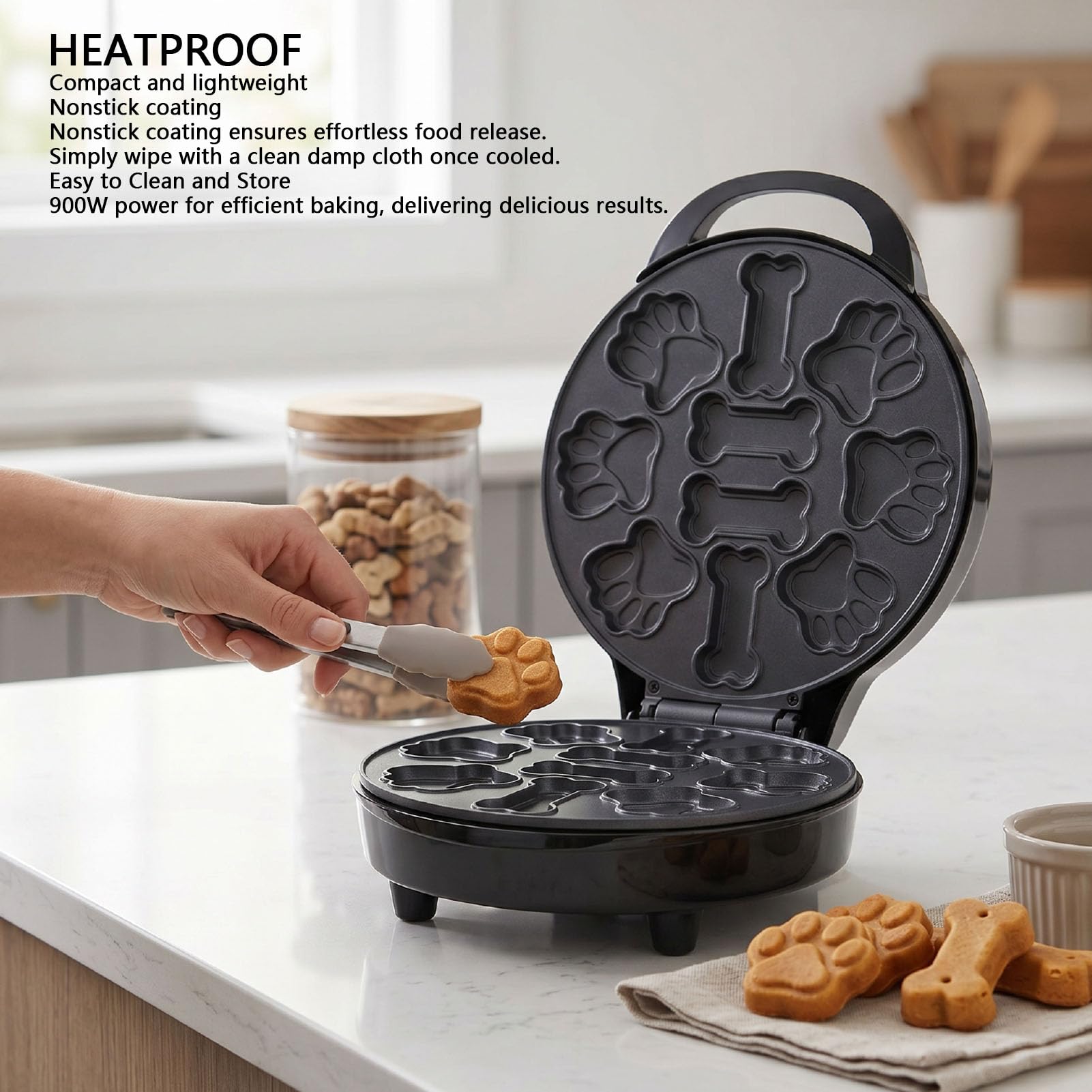 AMONIDA Macchina per Waffle Elettrica da 900W per Proprietari di Animali Che Preparano Premi Casalinghi Cani Cuoce 10 Spuntini con Forme Divertite Veloce Rivestimento Antiaderente (Spina europea 220