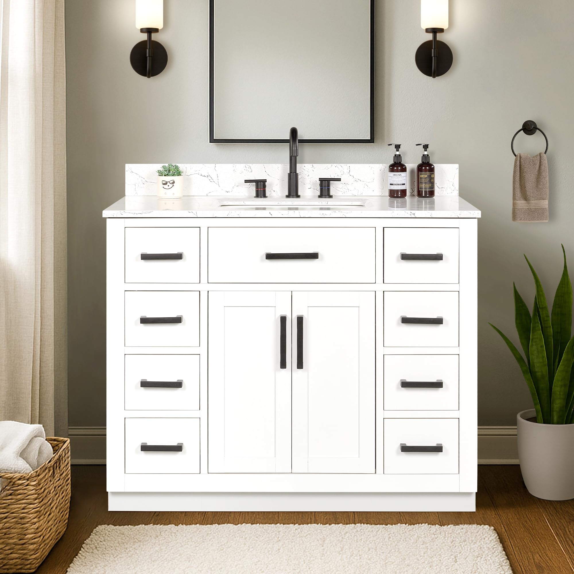 Photo 1 of XWNE 36-inch White Bathroom Vanity with Sink, Solid Wood, 0.79-inch Stone Countertop and Backsplash, 4 Drawers, 2 Soft Closing Doors