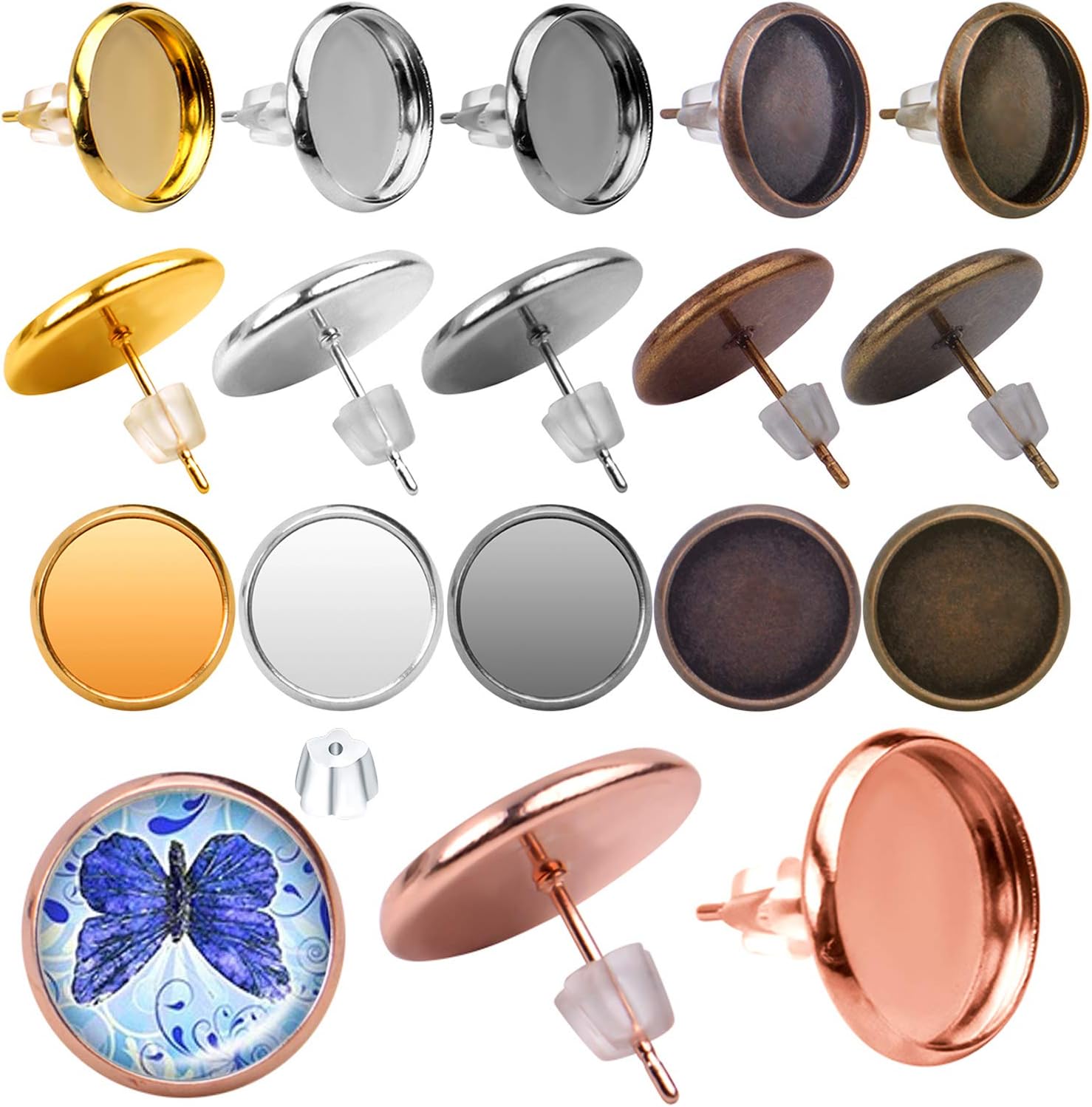 Aylifu Earring Cabochon Settings, 60pcs Stainless Steel Blank Stud Earring Bezel Post Cup fit for 12mm Cabochon with 60pcs Clear Earring Backs for Jewelry Making - 6 Colors