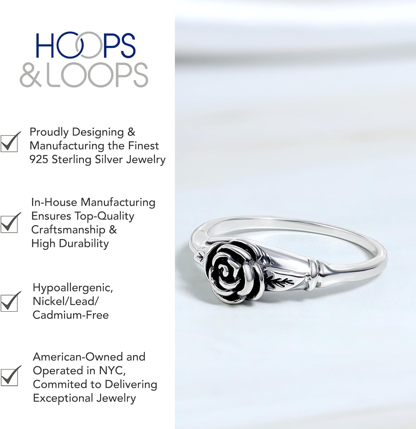Hoops & Loops 925 Sterling Silver Oxidized Flower Leaves Rose Blooming Branch High Polish Tarnish Resistant Comfort Fit Floral Ring for Women - Image 3