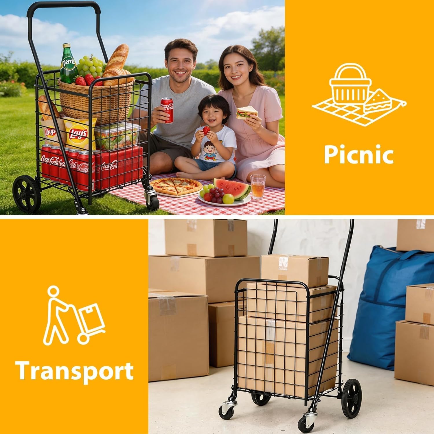Grocery Shopping Cart with 360° Rolling Swivel Wheels Utility Cart Easily Collapsible Cart Extended Foam Cover, Trolley for Laundry,Groceries,Travel Black (Medium)