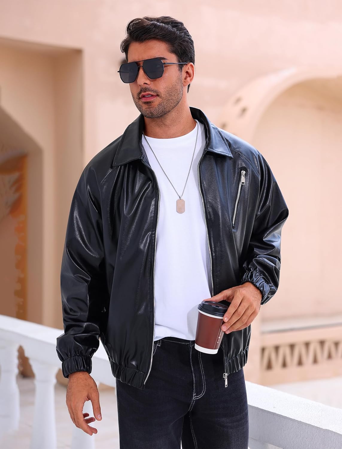 ODIZLI Men's Faux Leather Jackets Vintage Bomber Jacket Coats Long Sleeve Zip Up Jackets with Pockets Casua Wear
