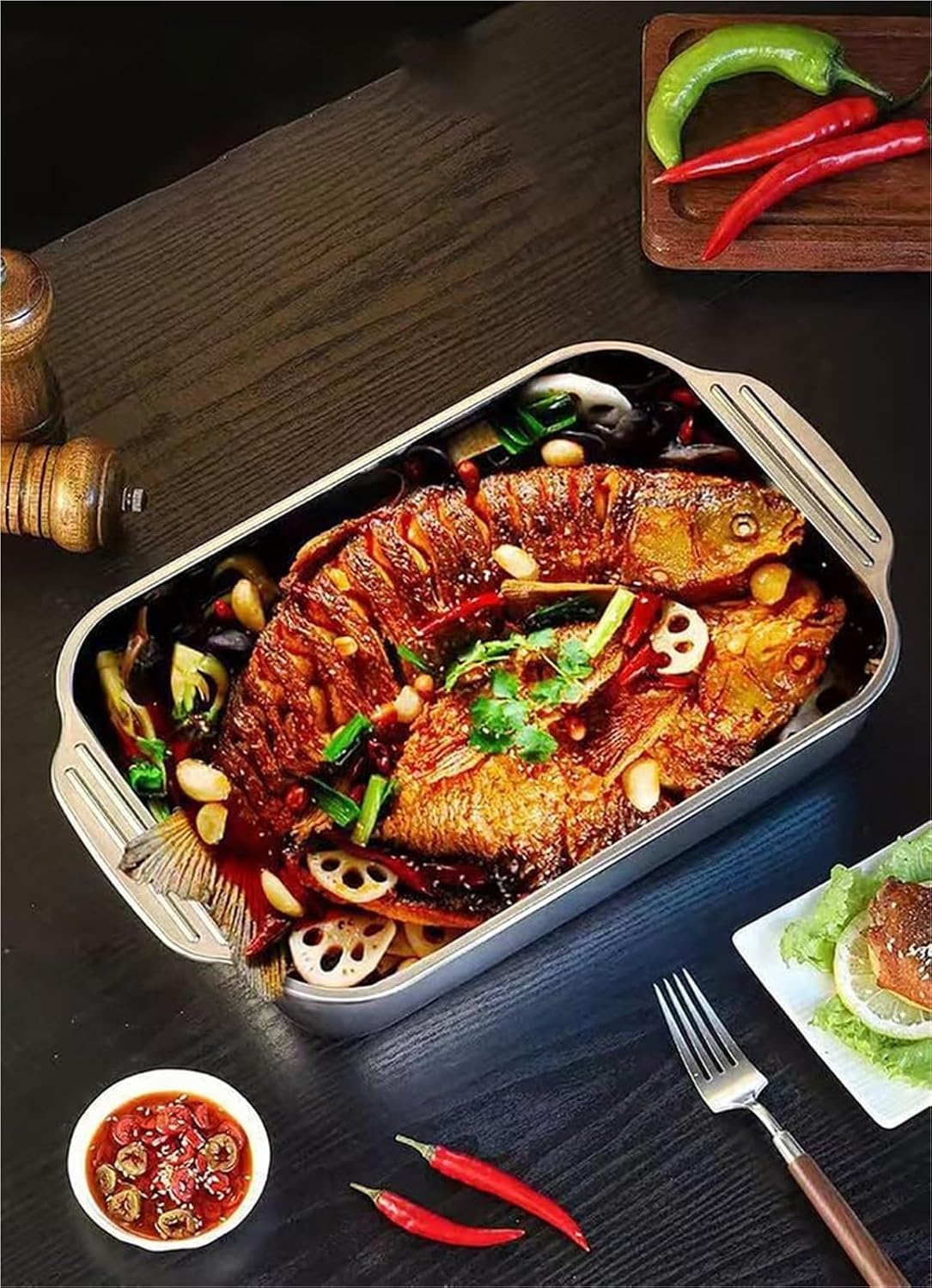 Stainless Steel Rectangular Deep Roasting Paella Pan with Lid,Stainless Steel Skillet Pan with Dual Handles,rying Pan for Fast & Even Heating, for Camping, Parties,Wave Pattern