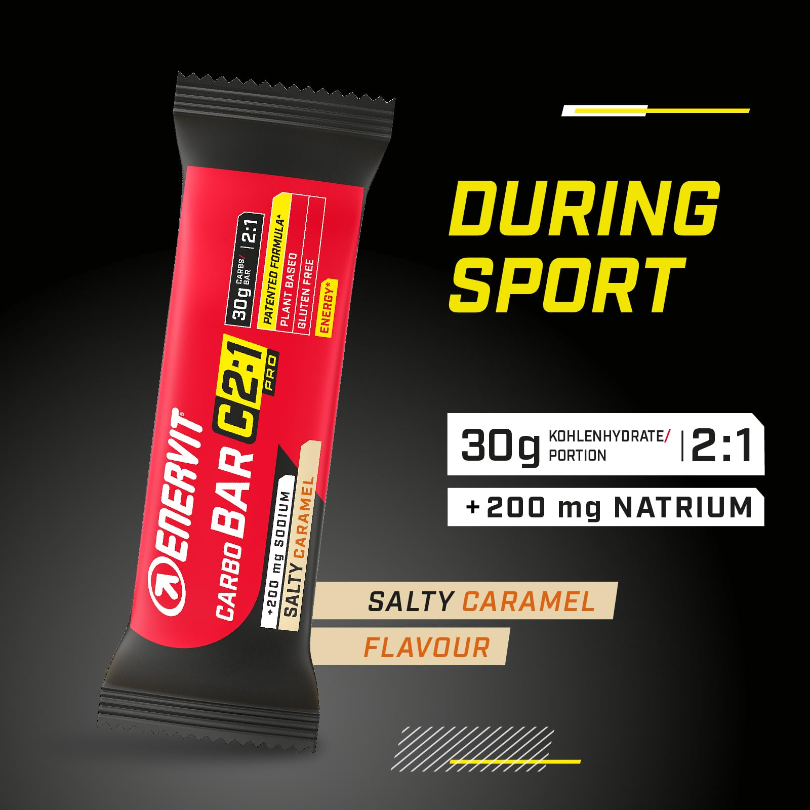 Enervit Carbo Bar C2:1PRO Salty Caramel, Energieriegel für Ausdauertraining mit 30g Kohlenhydraten, Optimierte Kohlenhydrataufnahme (+50%), mit Natrium, Glutenfrei & VeganOK, 12 Riegel à 45g