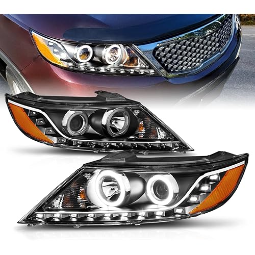 AmeriLite for 2011-2013 Kia Sorento Black Projector Headlights Xtreme Bright LED Halo Ring Set - Passenger and Driver Side