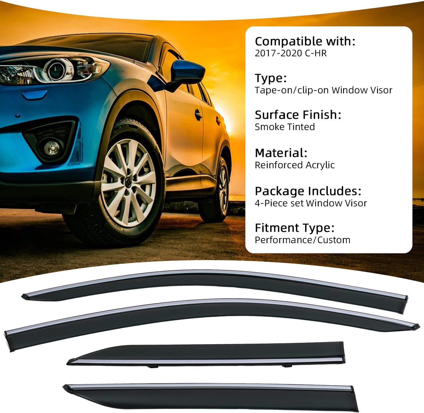 Deal 4-Piece Set Outside Mount Tape On/Clip On Type Smoke Tinted Sun/Rain Guard Vent Window Visors with Chrome Trim Compatible with 2017-2022 C-HR
