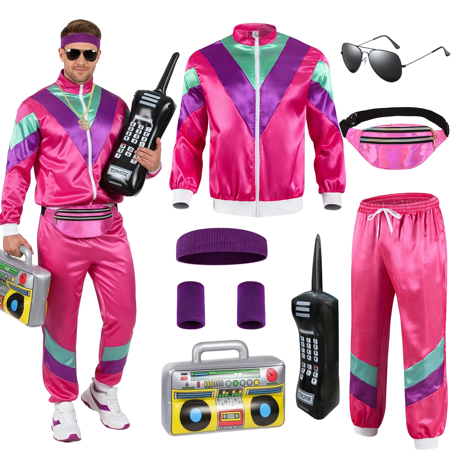YAEGIMHT 80er 90er Outfit Herren Damen mit Accessoires, Trainingsanzug Kostüm mit Sportjacke, Hose, Hip-Hop Accessoires, Aufblasbares Telefon und Lautsprecher, Retro 80er 90er Hip Hop Outfit