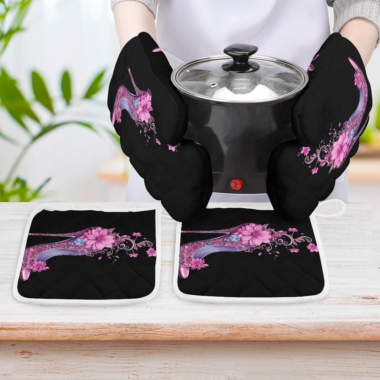 High Heel 4 Pcs Oven Mitts and Pot Holders Set High Heat Resistant Long Kitchen Oven Glove Potholders
