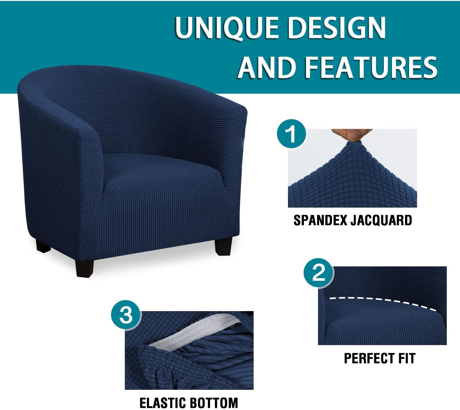 PrimeBeau High Stretch Club Chair Cover Tub Chair Cover Armchair Sofa Slipcover with Elastic Bottom Super Soft Jacquard Spandex Skid Resistance Furniture Protector (2 Piece, Navy)