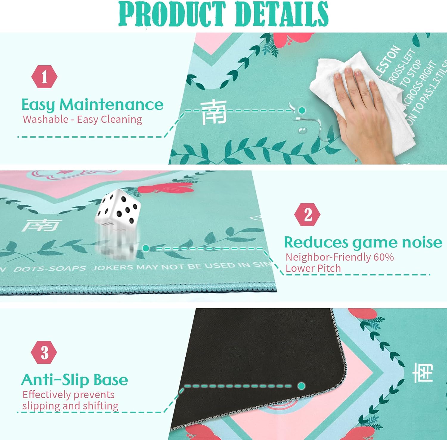 Mahjong Mat for Table, 31.5"x31.5" Diatom Mud Mahjong Table Cover with Rules, Non-Slip & Noise Reduction Gaming Mat, Portable Tablecloth for Mahjong, Board, Poker, Card, Domino & Tile Games (Cyan)