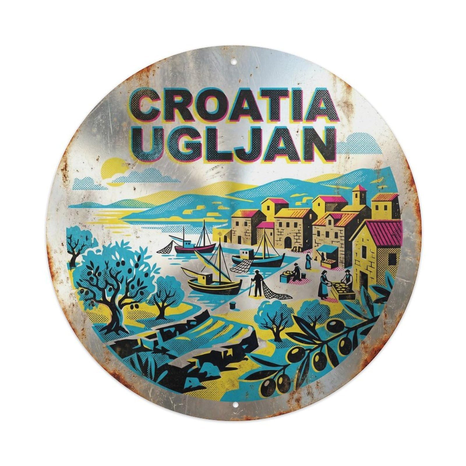 Ugljan Olives Croatian Graphic Screen Outdoor Journey Metal Tin Sign Plaque Wall Decor for Cafe, Man Cave, Club Bar, Office, Home Garden Round Metal Poster 8x8Inch