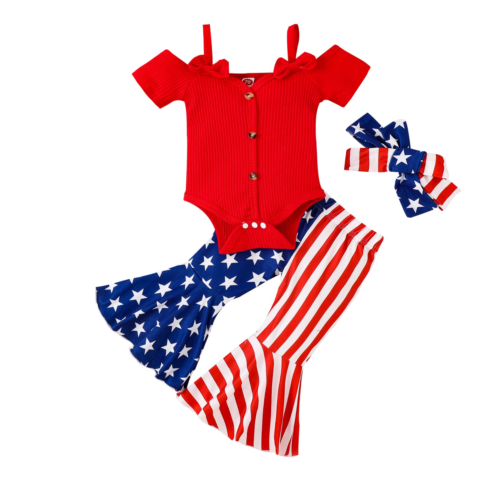 Baby Girl Clothes Newborn Girl Clothes Ribbed Romper Bodysuit Floral Pants Outfits 12 18 24 Month Toddler Girl Clothes (Red-4th of July, 18-24 Months)