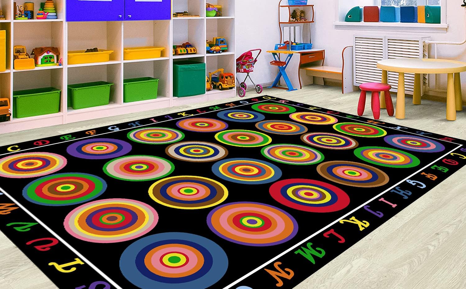 HUAHOO Small Classroom Rug Black Elementary Preschool Learning Carpet Seating Rug for Kids Room with Non-Slip Backing, 5' x 7'6