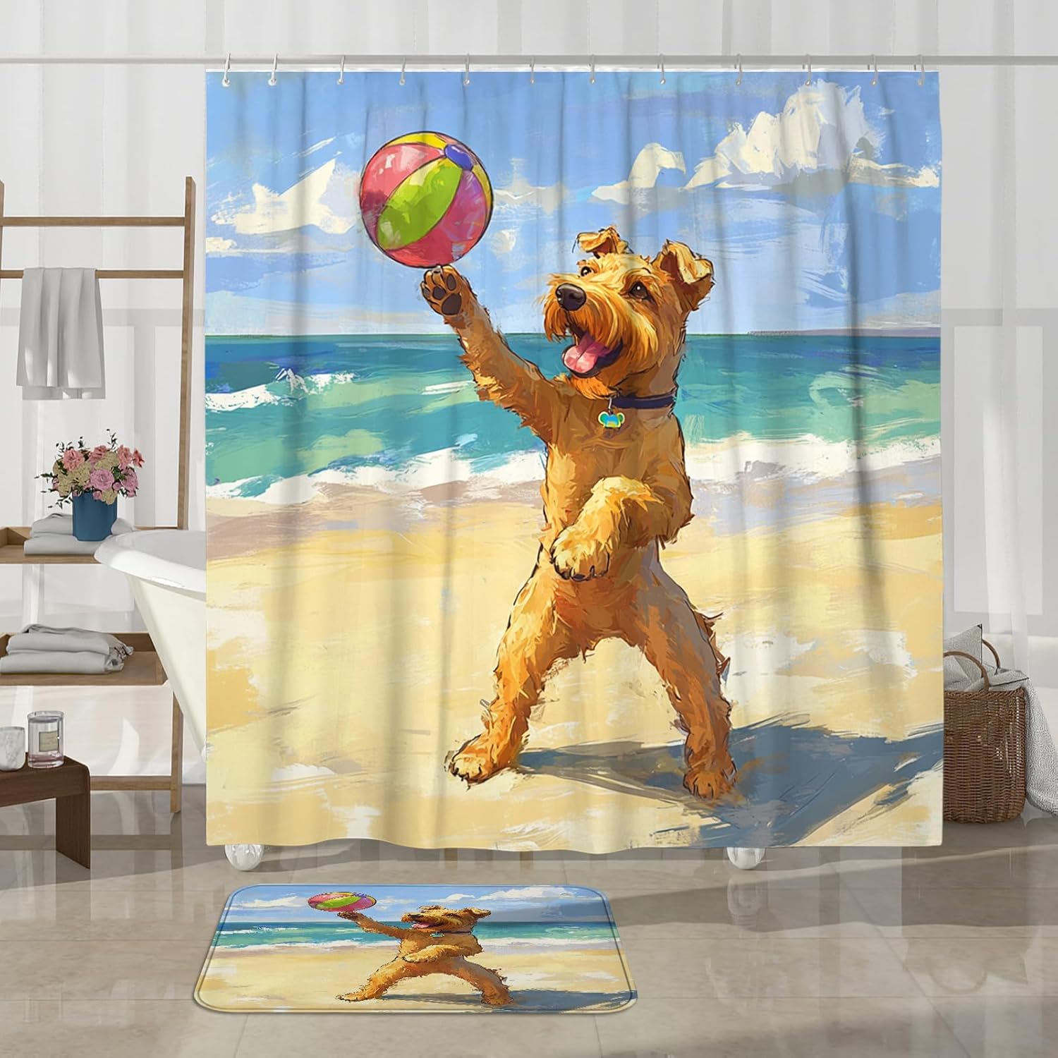 4PCS Airedale Terrier Dog Bathroom Accessory Sets with Non-Slip Rug, U Shape and Toilet Lid Cover Mat, Fun Puppy Beach Cartoon Kids Bathroom Decorative-72''x72''