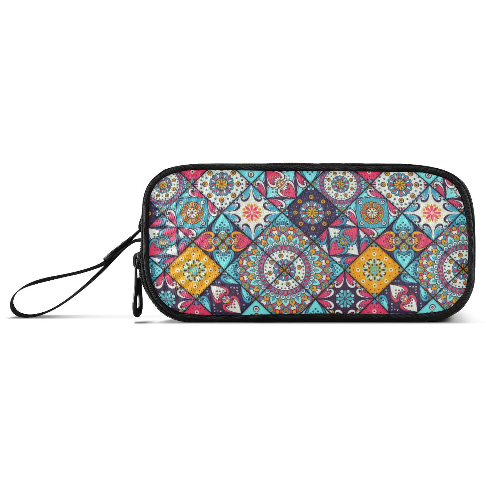 Large Pencil Case, Big Capacity Pencil Bag Pen Pouch Holder 3 Compartments, Boho Ethnic Flower Mandala School Office Supplies Stationery Makeup Bag Storage Organizer for Students Girls Boys Women Men