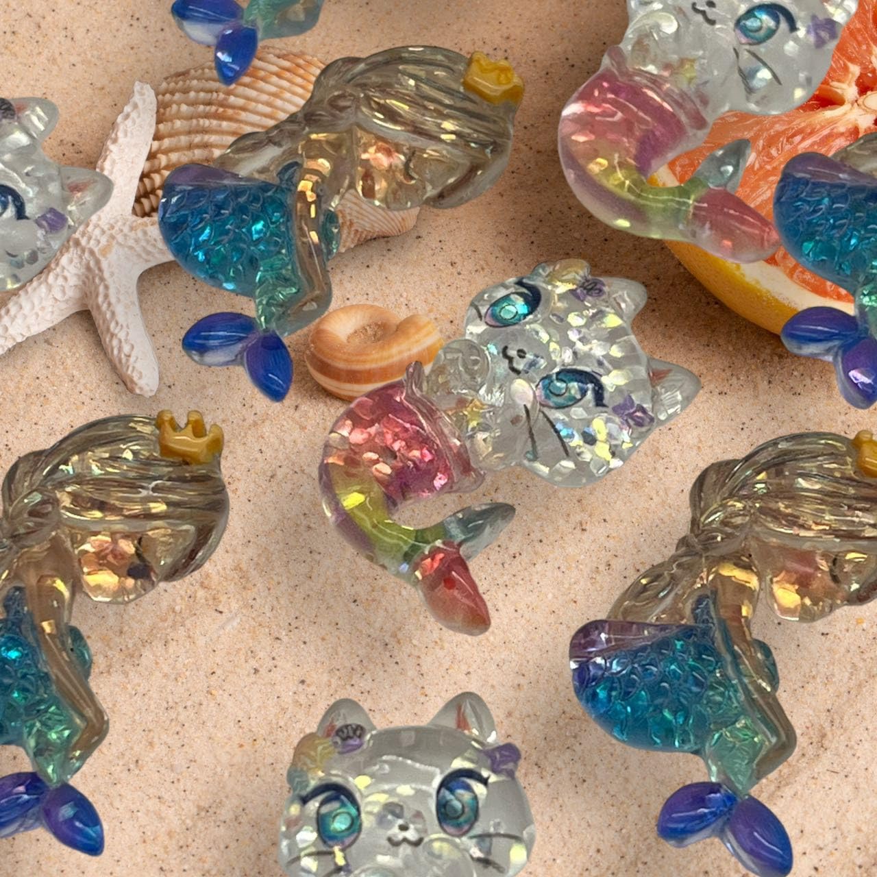 Amazon | アクリルパーツ デコ 人魚 ネコ マーメイド 2タイプ各5個 夏 