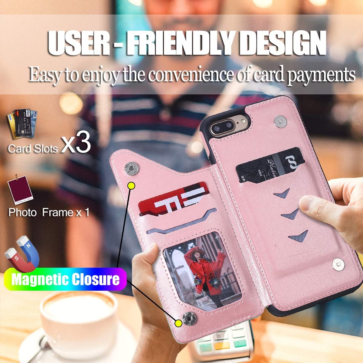 iPhone 8 Plus Wallet Case,iPhone 7 Plus Case with Card Holder for Women,Vodico Durable Folio Flip Slim Fit Vintage Leather Wallet Back Magnetic Closure Cover with Credit Card Slots&Stand (Pink)