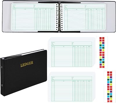 Skyygemm Ring Ledger Binder with 200 Pcs 5"x8.5" Ledger Sheets Small Index Tabs for Bookkeeping Accounting Business with Debit Credit Balance ColumnsBlack Cover, White Sheets