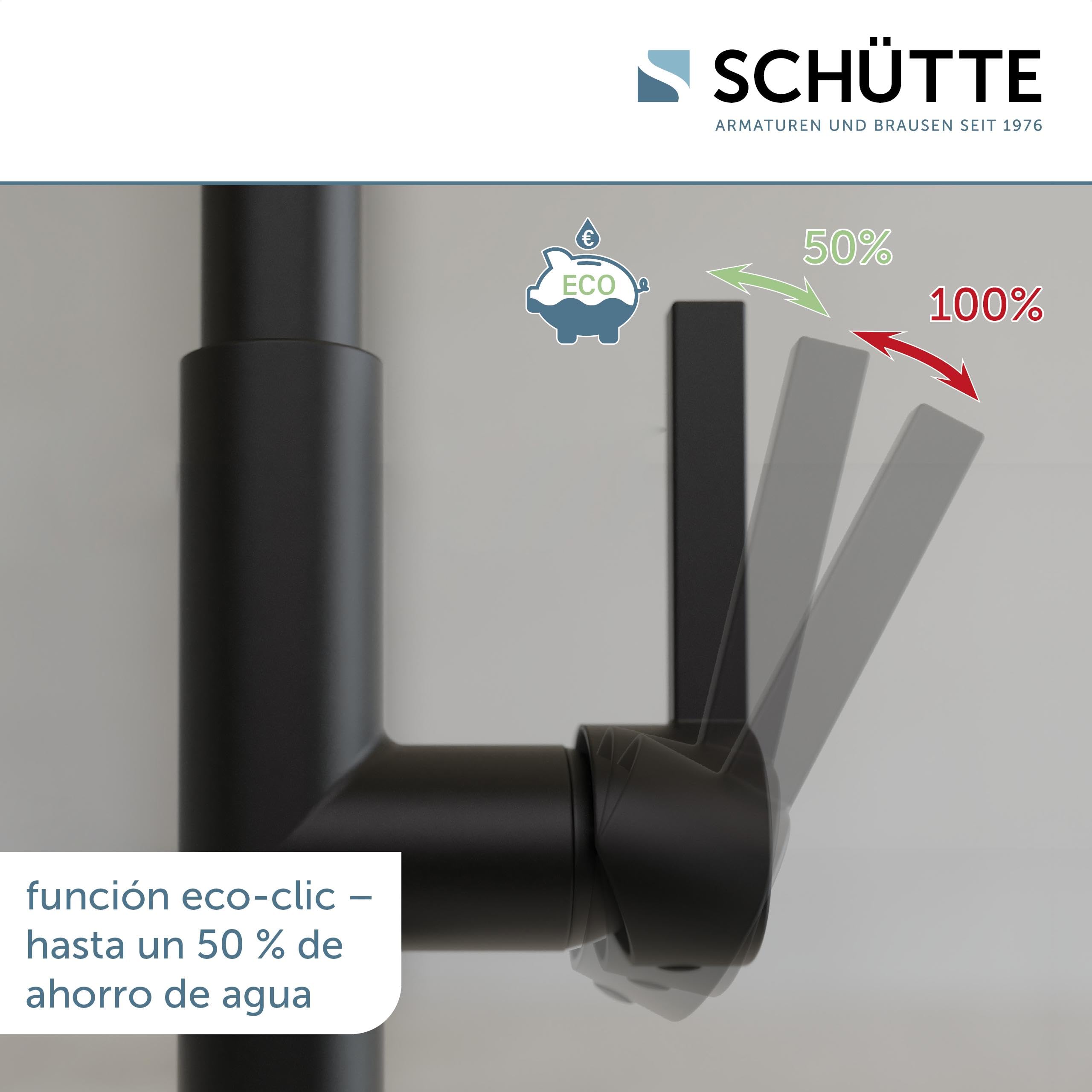 SCHÜTTE GLASGOW 79586 - Grifo flexible para fregadero con función Eco-Click, grifo flexible para la cocina negro, caño con manguera de tacto suave, giratorio 360 grados, grifo de cocina