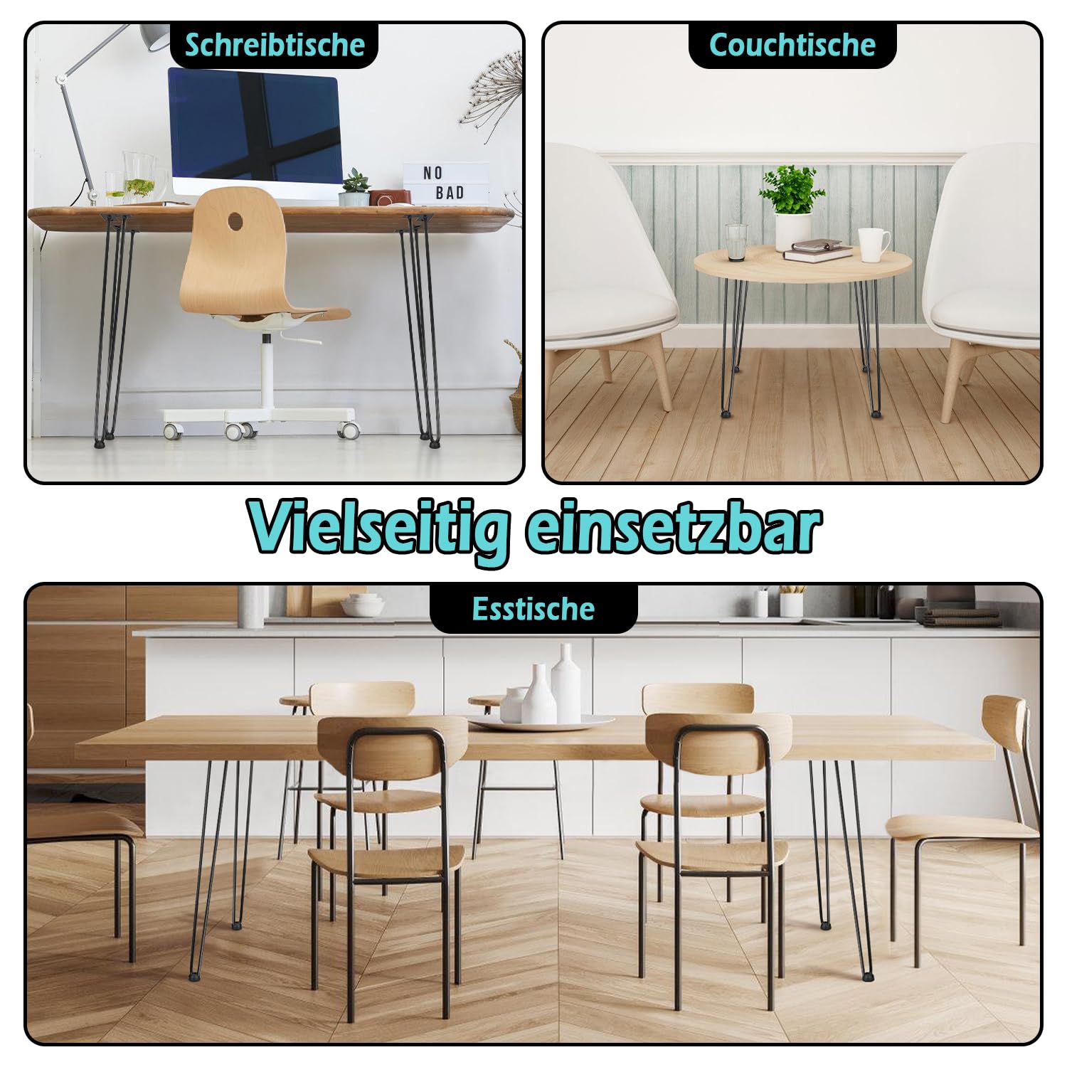 Hairpin Legs - Gambe da tavolo in metallo, colore nero, 12 mm, gamba a 2 aste, 61 cm, 4 pezzi