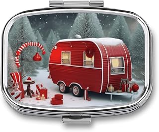 Pill Box with 2 Compartment Portable Small Pill Box for Pocket Or Purse Christmas Red Camper Pill Organizer Medicine Holder to Hold Vitamins Medication Fish Oil