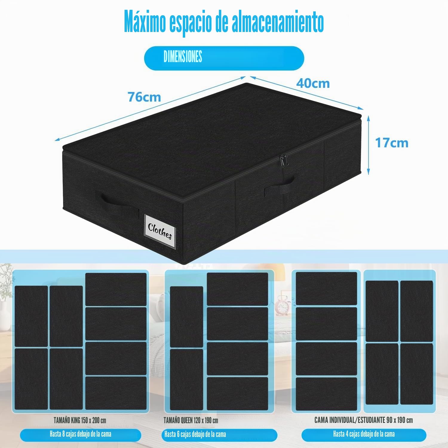 Caja de almacenamiento para debajo de la cama con tapa, 2 unidades, plegable, lavable, almacenamiento de ropa y organización, 3 asas, doble cremallera, cajas de almacenamiento para ropa mantas, 76 x