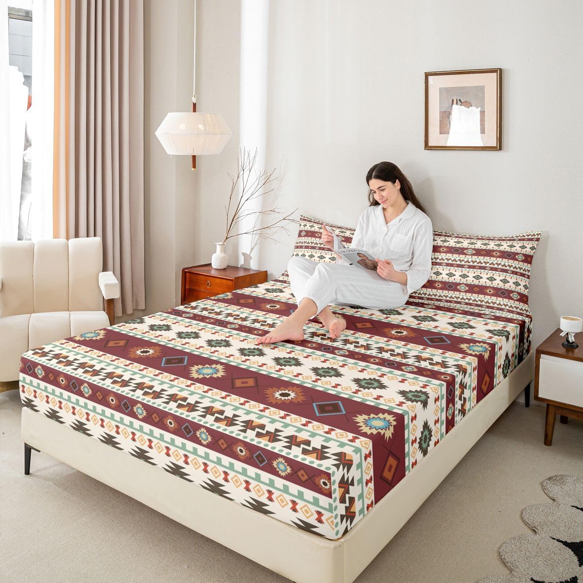 Feelyou King Size Southwestern Native Aztec Bed Sheets Set Boys Girls Indian Tribal Geometric Sheet Set for Kids Ultra Soft Retro Exotic Boho Sheets with Deep Pocket Fitted Sheet Room Decor
