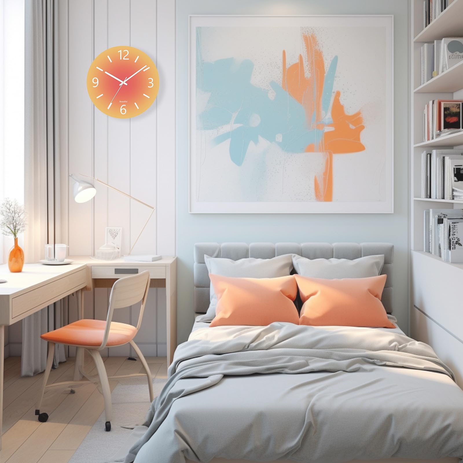 Grande horloge murale moderne en verre trempé, 35,6 cm, horloge décorative pour cuisine, bureau, salle de bain, salon, horloge ronde analogique à piles de style simple, orange