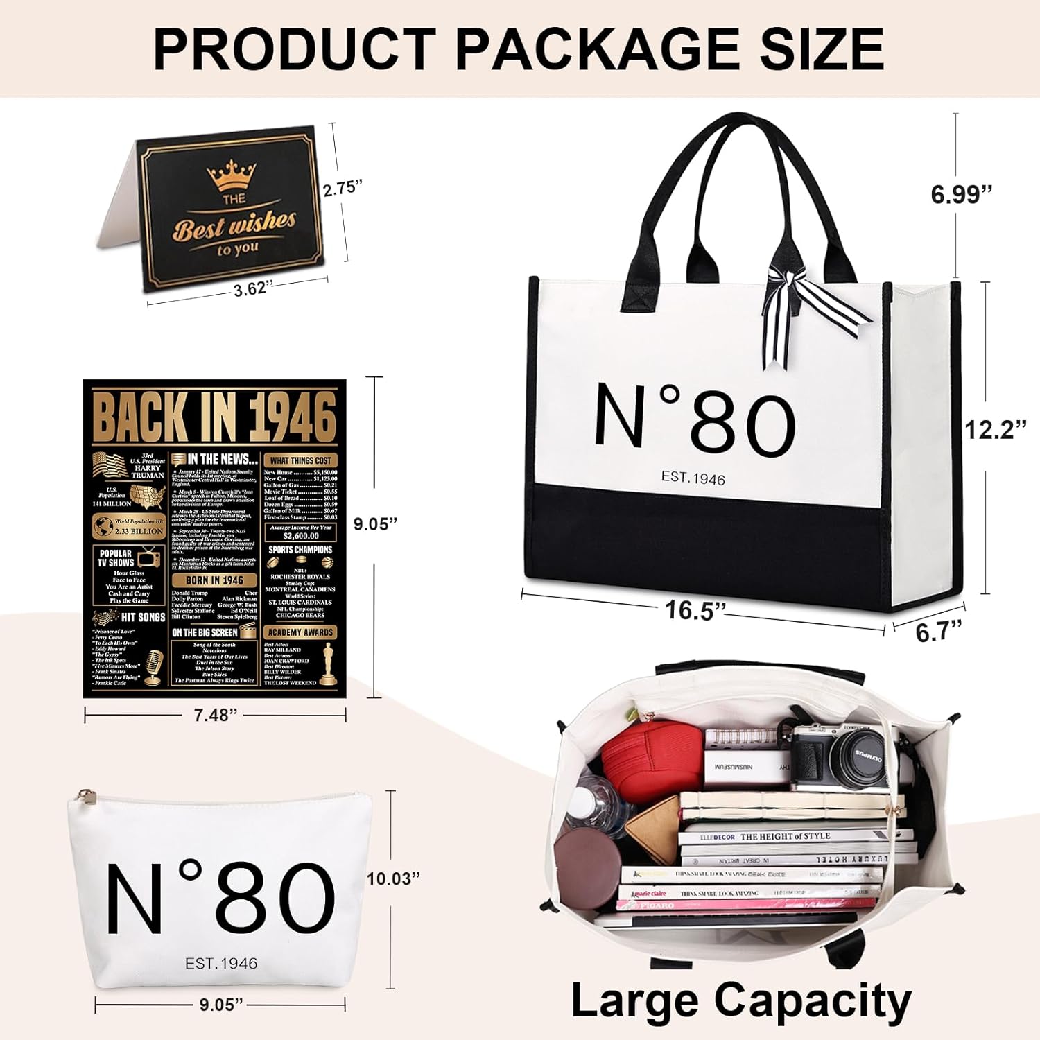 Lamyba 80th Birthday Gifts for Her, 80s Birthday Decorations for Women/Wife/Mom/Friends/Sister, Back in 1946 Poster, N 80 Tote Bag - Image 3