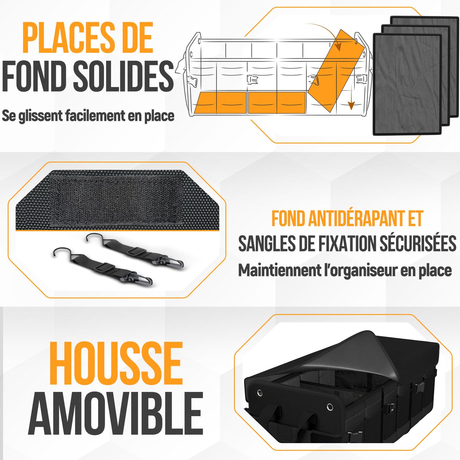 FORTEM Rangement Coffre de Voiture, Pratique et Spacieux, Boite Rangement voiture interieur pliable, Organisateur de Coffre Fond Antidérapant, Sangles de Sécurité et couvercle souple, Car Accessories
