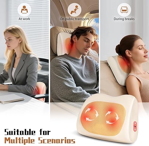 Miniatura 8 de Shiatsu Masajeador de espalda y cuello con calor, almohada de masaje eléctrica portátil 3D inalámbrica, masaje de tejido profundo para cuello,
