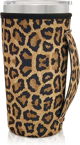 Mangas aisladas de neopreno con asa para vasos de 20 onzas, funda reutilizable para café helado para tazas de café de 30 a 32 onzas (leopardo)