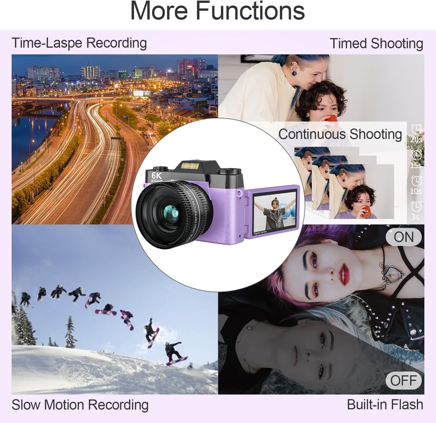 6K 64MP Digital Camera for Photography NIKICAM Vlogging Camera for YouTube with 180° Flip Screen, WiFi,16X Digital Zoom, 52mm Lens, 2 Batteries, 32GB Micro SD Card(Purple)