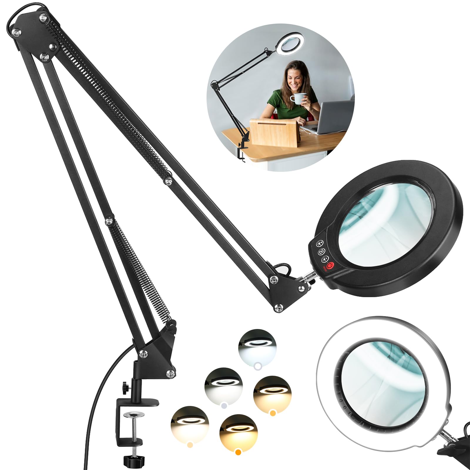 10x large magnifying glass with light and stand, krstlv 2 x 16 inch adjustable swivel arm led desk lamp with clamp, 5 color modes stepless dimmable, lighted magnifier hands free for close work, hobby
not tested 
incomplete 