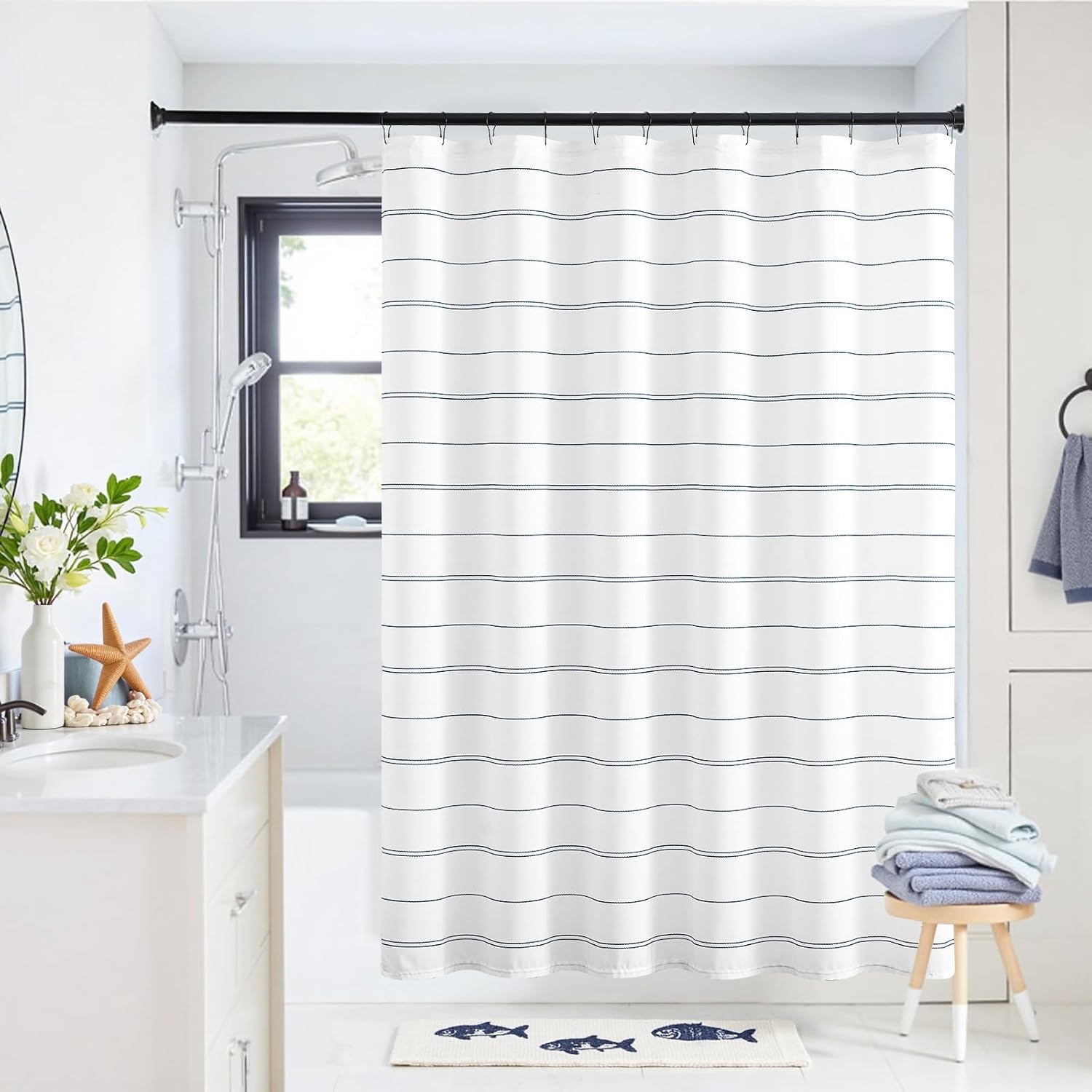 jinchan Blue and White Casual Striped Shower Curtain Nautical Modern Minimalist Pinstripe Waterproof Fabric Shower Curtains for Bathroom with Weighted Hem and 12 Hooks 70x72 inches