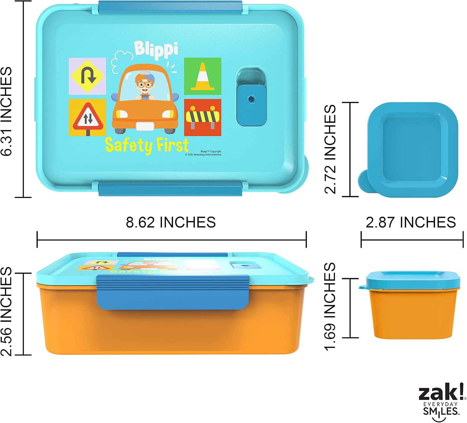 Zak Designs Blippi Reusable Plastic Bento Box with Leak-Proof Seal, Carrying Handle, Microwave Steam Vent, and Individual Containers for Kids' Packed Lunch (3-Piece Set)