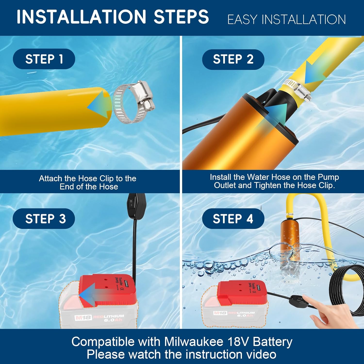 Transfer Pump Compatible with Milwaukee M18 18V Battery, 635 GPH Portable Utility Pump with 50-inch Hose & Retainer, Mini Sump Pump Stick for Water, Oil Bilge,Pool Garden Pond Draining (Tool Only)