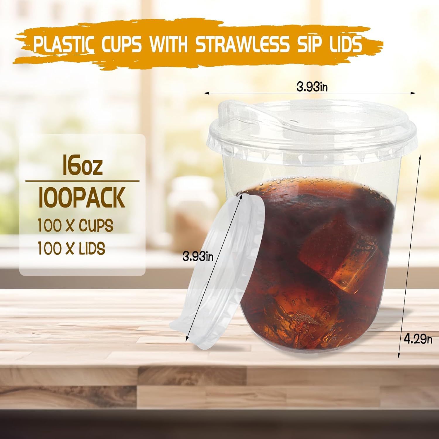 Foxtell 100 Pcs 16 Oz Clear Plastic Cups with Strawless Sip Lids Disposable Round Bottom Togo Cups for Iced Coffee Smoothie Beverage Cold Drinks Disposable Iced Coffee Cups for Party Catering BBQ
