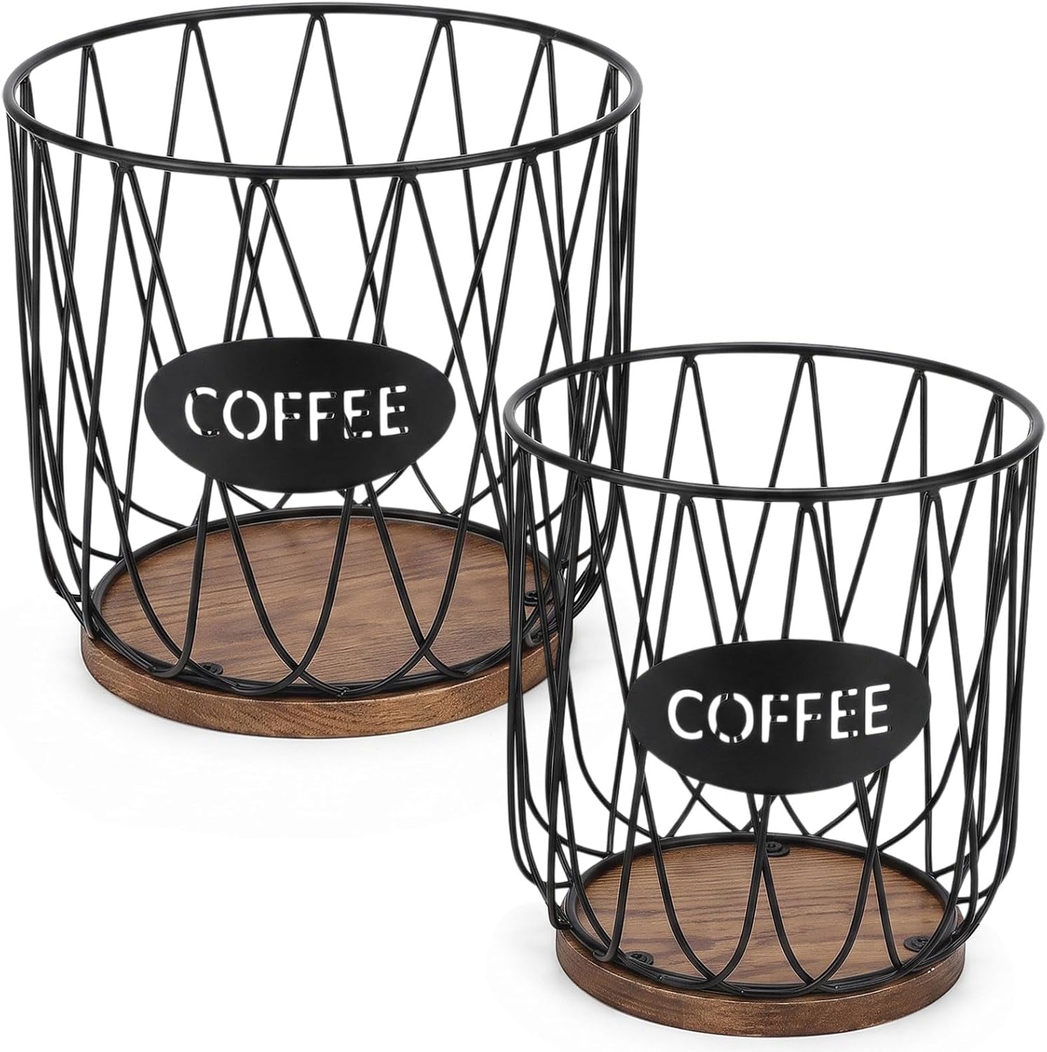 Hicarer 2 Pcs Coffee Pod Holder Basket Metal Coffee Capsule Cup Organizer with Wooden Base Large Capacity Countertop Storage for Pods, Tea Bag, Bar Accessories