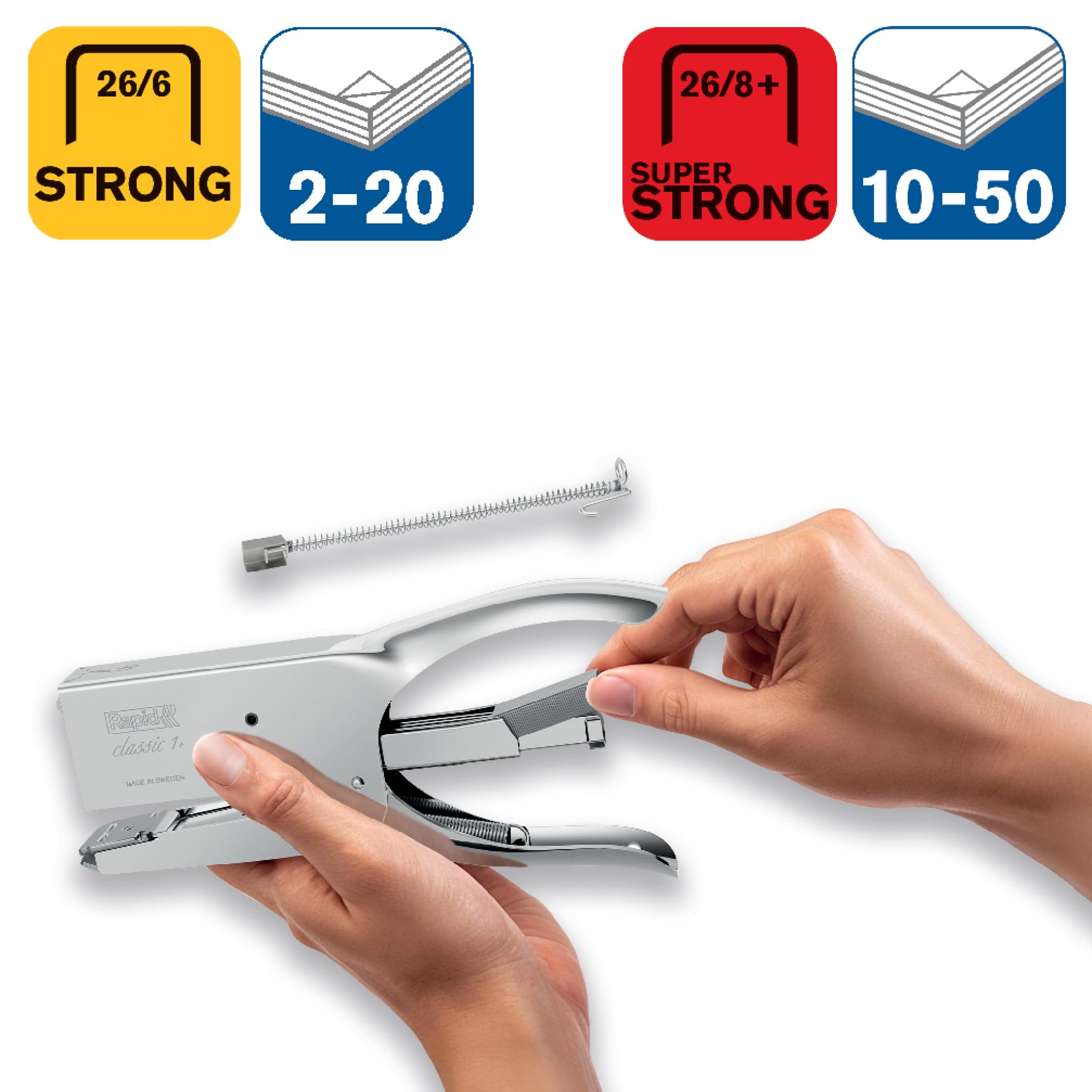 Rapid Classic K1+ Pince Agrafeuse | 50 feuilles | Agrafage et Épinglage |Acier Robuste|Agrafes n°26 (26/6 et 26/8+) | Bureau| Maison| Commerce| Bricolage | Certifiée ClimatePartner |Chromé| 10510602