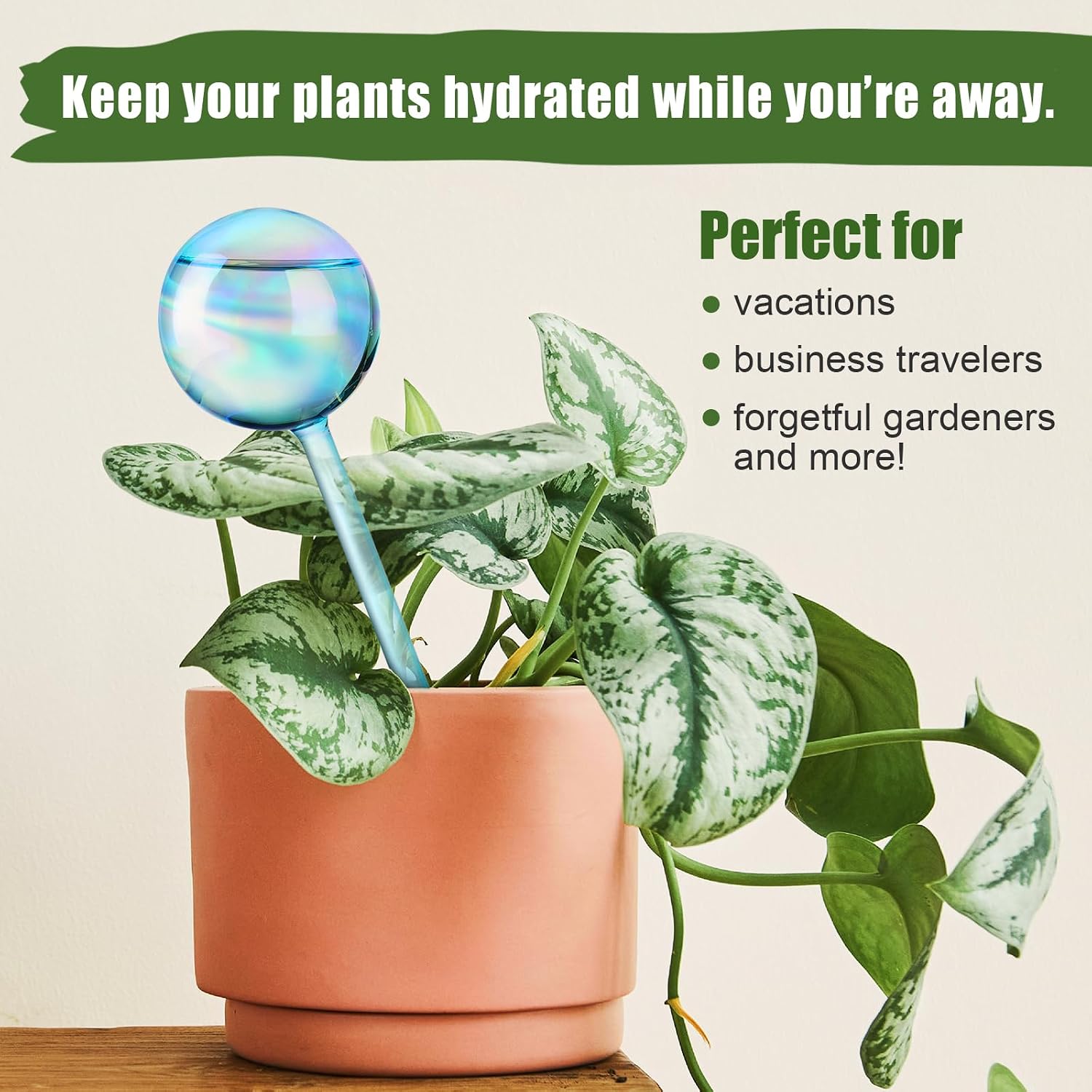 NiHome Gazing Ball Aqua Spike Self-Watering Bulb 2-Pack 10" Iridescent Pearl Hand-Blown Glass Globe Pot Plant Waterer for Home Indoor Outdoor Garden Patio Hanging Flower (Blue Iridescent Gradient)