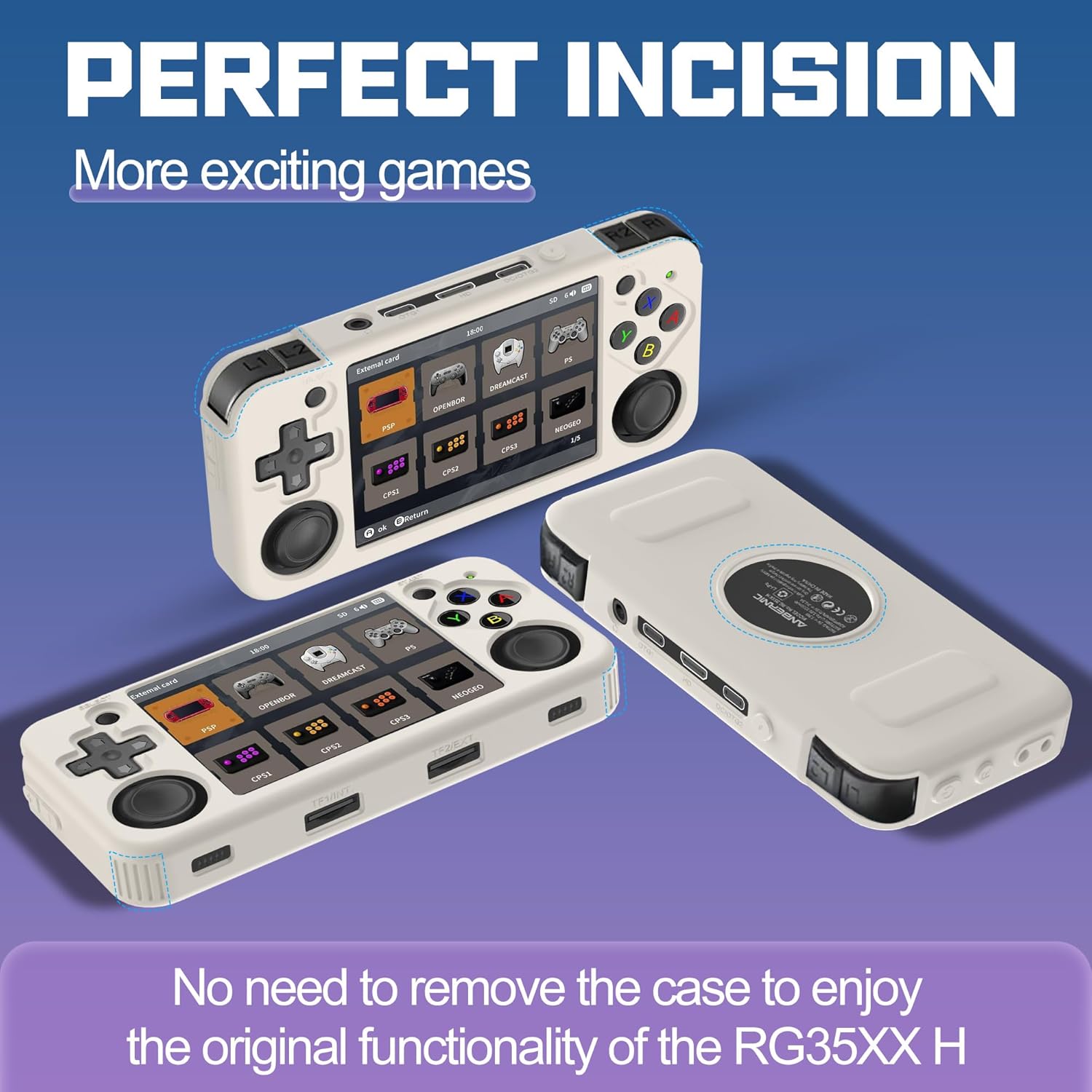 Compatible with RG35XX H Retro Handheld Game Console, Soft Silicone Protective Case for RG35XX H with Lanyard - White