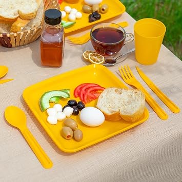 Orret Home 32 Piece Plastic Picnic Set with Plate, Fork, Spoon, Knife, Cup, Carrying Box for Camping and Picnic, Durable and Colorful, Ideal for Outdoor Activities