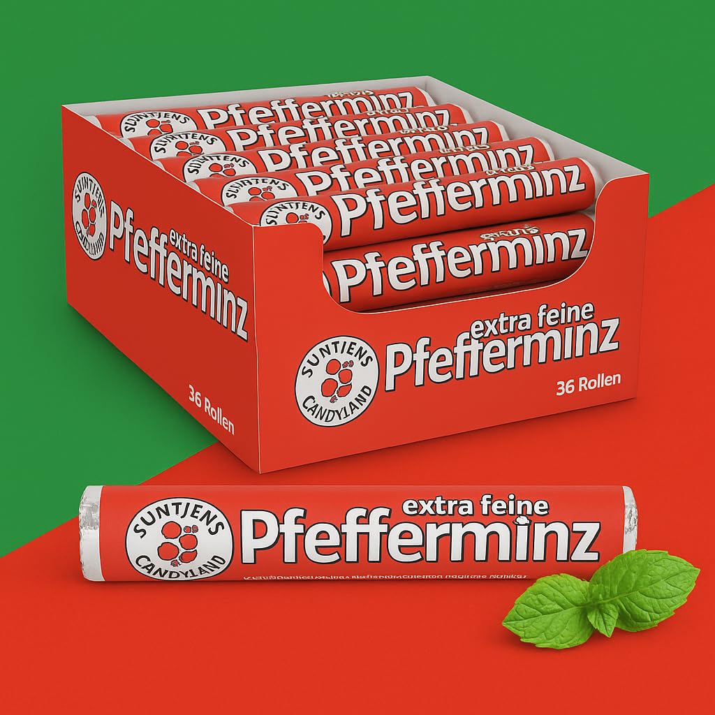 Suntjens Pfefferminzrollen 36 x 30g – extra feine Minzbonbons in der klassischen Rolle – Erfrischende Pfefferminze für unterwegs, Büro & Auto – ohne künstliche Farbstoffe