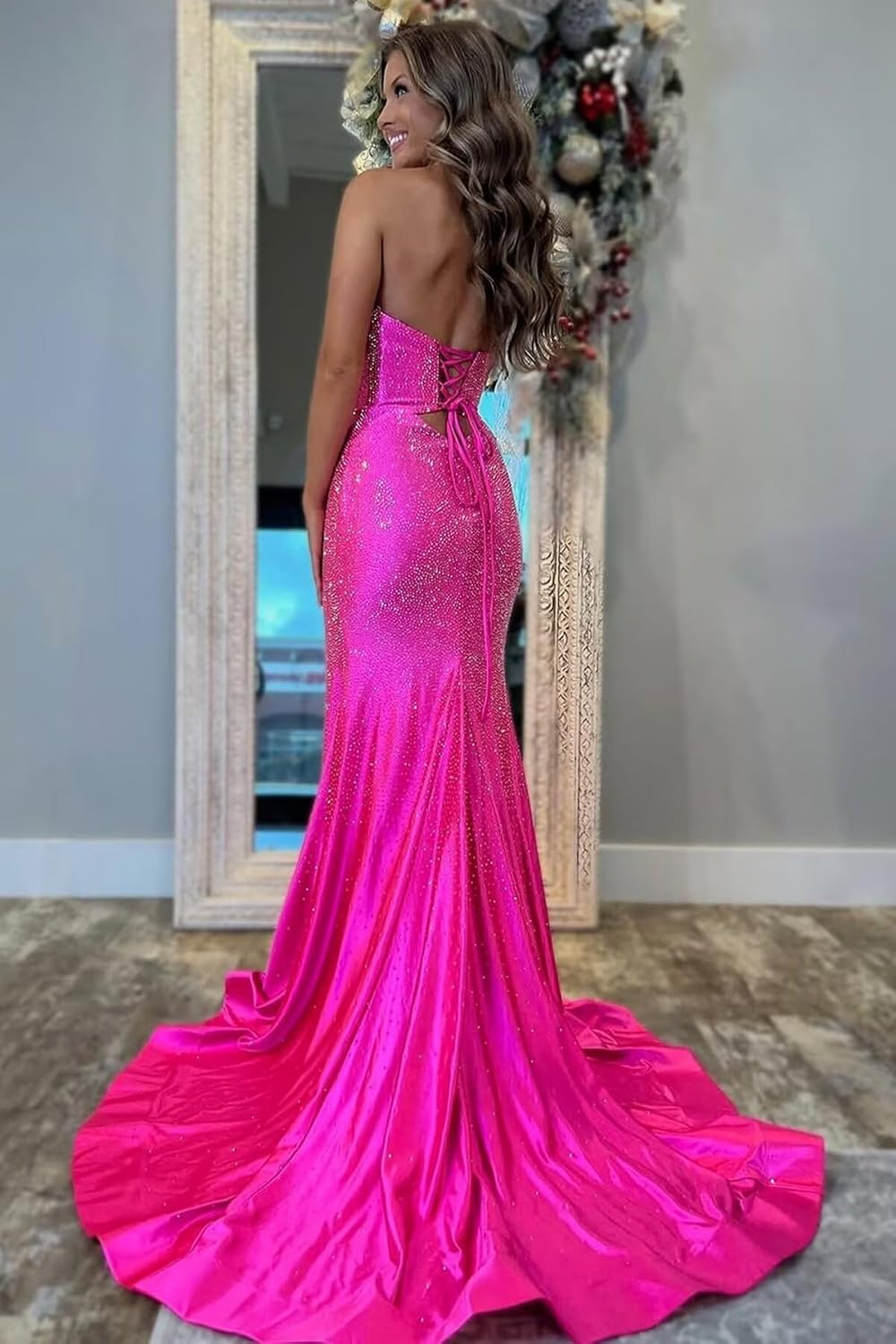 Prom Dresses Long for Women with Slit Sparkly Cut-Out Strapless Mermaid Party Evening Dresses Corset