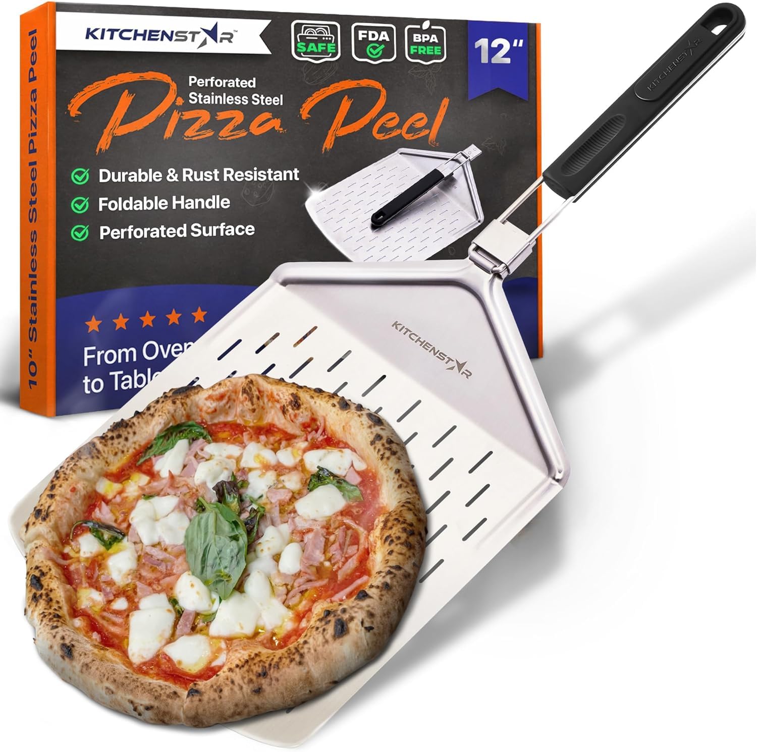 Pala perforada de pizza de 12 pulgadas con mango plegable de 10 pulgadas, tamaño mediano, espátula de acero inoxidable para transferencia de pizza sin esfuerzo y fácil almacenamiento