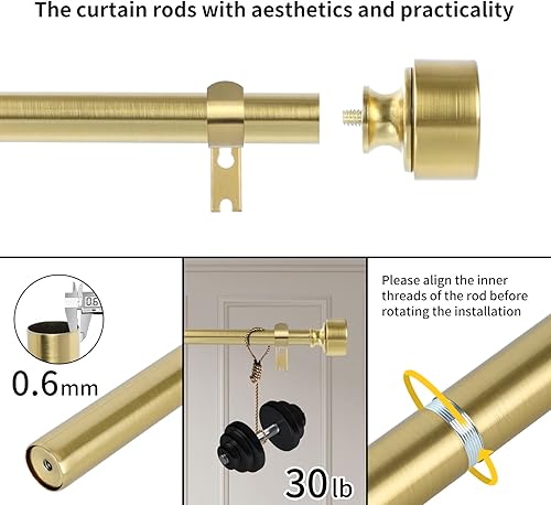Miniatura 5 de Barras de cortina doradas para ventanas de 28 a 48 pulgadas (2.3-4 pies), barras de cortina de metal noble, barra de cortina resistente de 1 pulgada