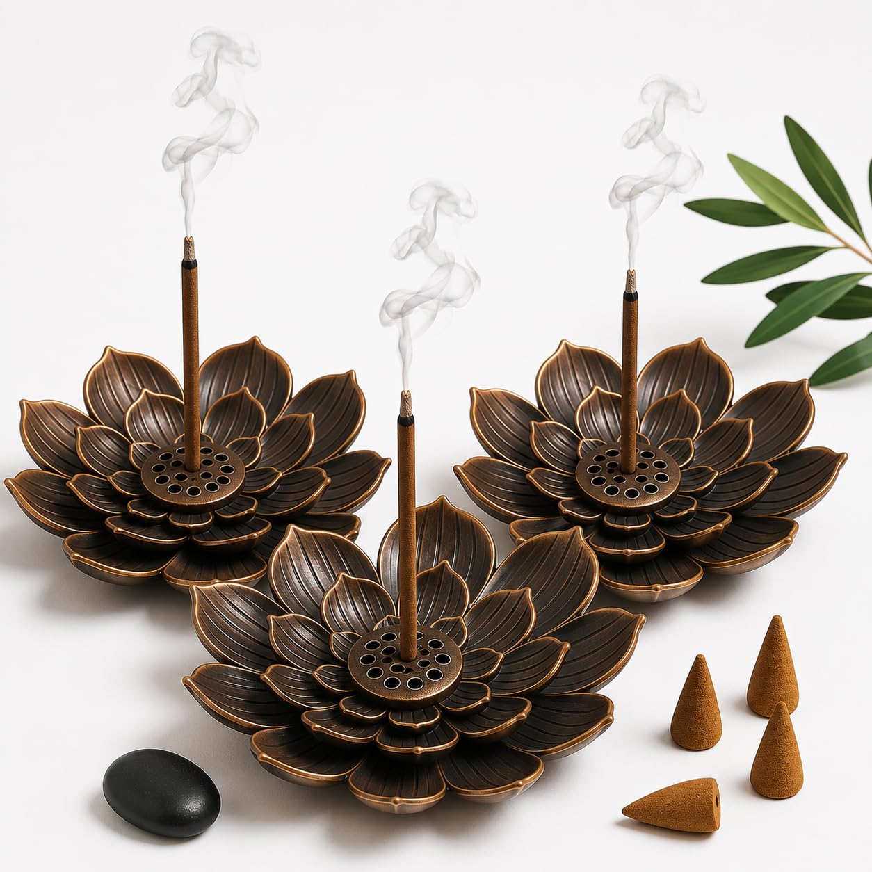 3 Pack Lotus Flower Incense Holder Metal Burner for Stick, Cone and Coil Incense, Zinc Alloy Lotus Flower Design Bronze Finish, Detachable Ash Catcher, Ideal for Home, Office, Yoga Meditation Spaces