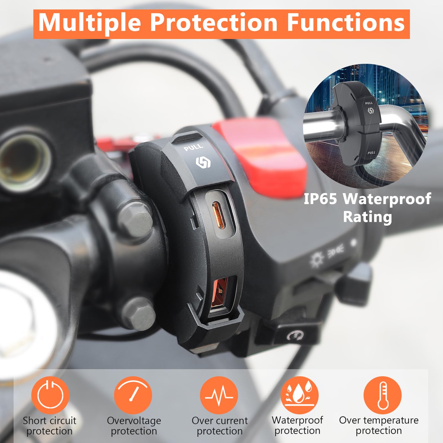Presa USB Impermeabile per Moto 48W, Presa USB C 12V Moto Impermeabile, Caricatore per Motocycle QC3.0+Type-C, +Cavo di Ricarica 5A Type-C (1 M) per DC 12V Biciclette da Spiaggia